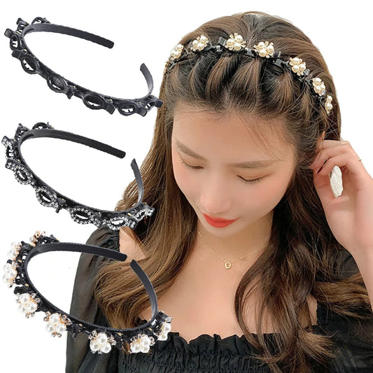 Hairbands Pearl Hair Hoop Double Layer Bands Clip Fashion Plastic Braided Headband New Knitting Womens Headwear Hair Accessories