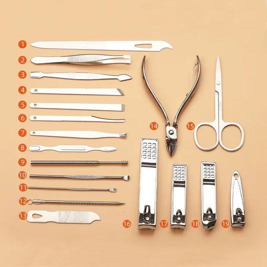 Household Daily Grooming Kit 19PCS Stainless Steel Manicure Pedicure Tool Set With Nail Clippers Ear Spoons