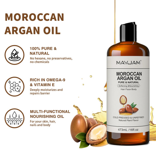 MAYJAM Pure Natural Moroccan Argan Oil Massage On Face, Hair, Body Sweet Almond Oil Cold Pressed USDA Certified 473ml Face Oil