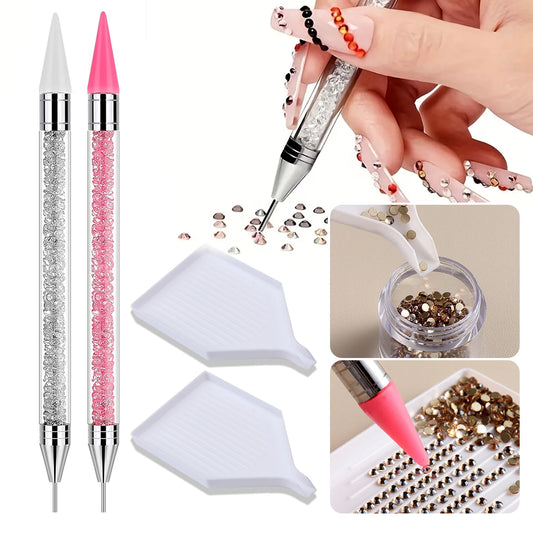 Dual-End Nail Rhinestone Picker Tool Set, Wax Dotting Pens Curved Tweezer Rhinestone Storage Tray, DIY Nail Art Gem Pick Up Tool