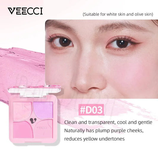 New VEECCI Mood Trio Blush Expansion Cheek Colour Quad Highlight Blush Naturally Sweet Longlasting Sweatproof Non-smudge Makeup