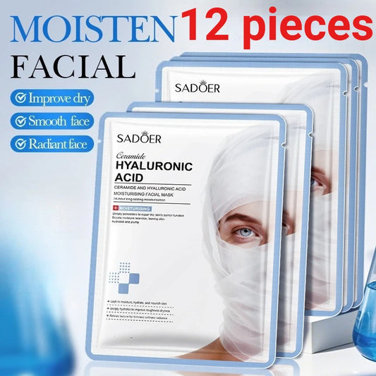 12 Pieces SADOER Ceramide Moisturizing Facial Mask Sheet Set Soothing Anti-Aging Skin Care Caffeine Brightening Face Mask
