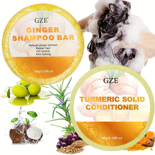 GZE Ginger Shampoo Bar Soap and Turmeric Solid Conditioner Hair Set for Thinning, Lock in Moisture & Shine and Control Frizz.