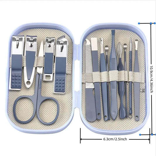 14 Piece Deluxe Manicure & Pedicure Set Pink And Blue Stainless Steel Nail Scissors, Clippers, Ear Digging Spoon for Men & Women