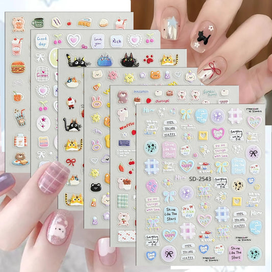 3/6/12/18 Sheets 5D Kawaii Cat Bear Bunny Nail Stickers Dessert Bow Plaid Self Adhesive Cartoon Nail Decals