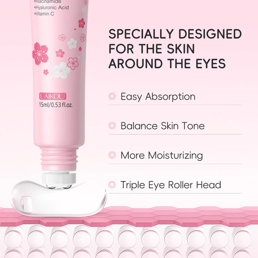  LAIKOU Sakura Eye Serum Roller Massage Anti-Aging,Hydrating & Brightening Eye Dark Circle & Puffiness Reduction Eye Cream 15ml