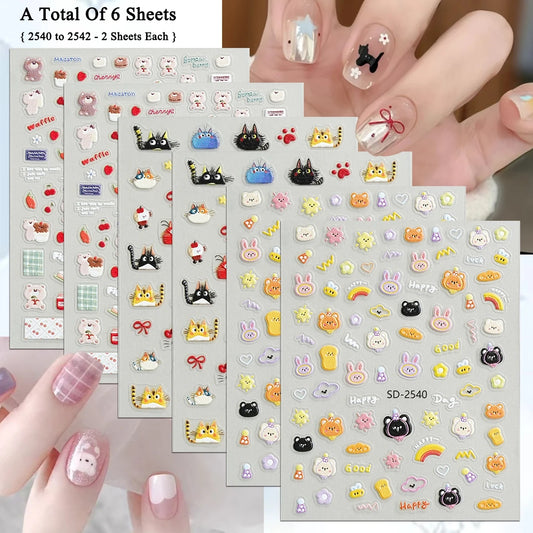 3/6/12/18 Sheets 5D Kawaii Cat Bear Bunny Nail Stickers Dessert Bow Plaid Self Adhesive Cartoon Nail Decals