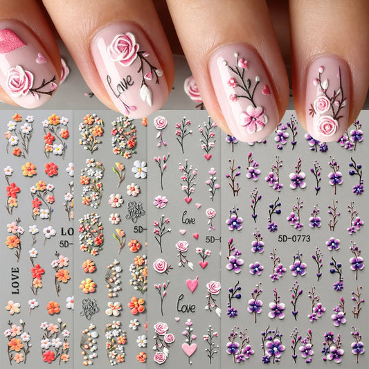 4pcs/Set 5D Valentine'S Day Floral Nail Stickers Embossed Rose Daisy Design Nail Decals Spring Summer DIY Nail Art Decorations *